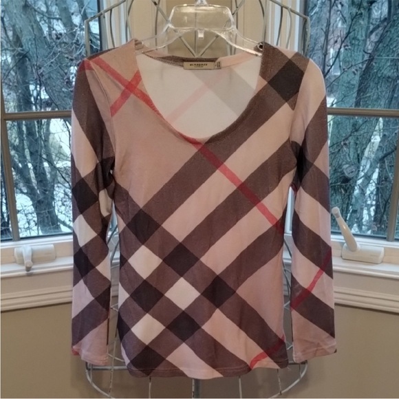 Burberry Tops - Burberry Checkered Long Sleeve Top - Brown and Red